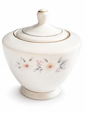 Vintage White Porcelain Lidded Sugar Bowl Pink Floral Gold Trim